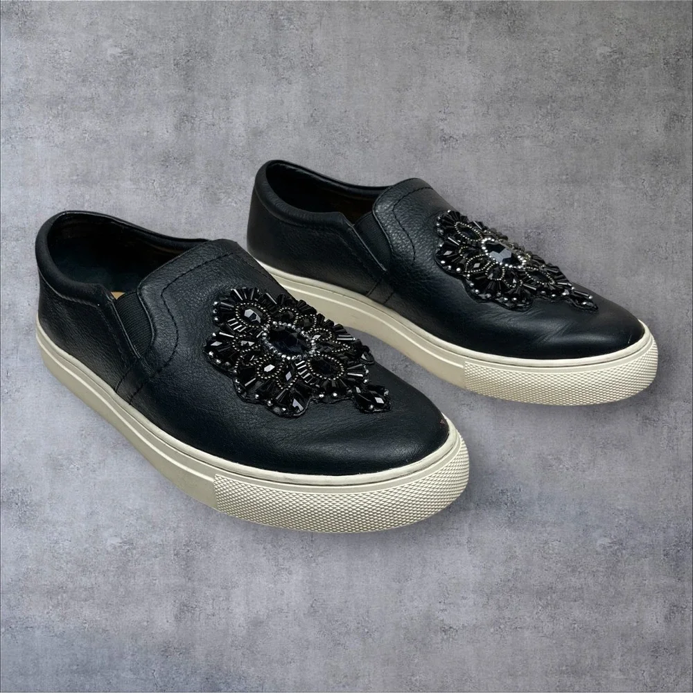 Brighton Spark Black Leather Slip On Sneaker Shoes Beaded Medallion Womens 9